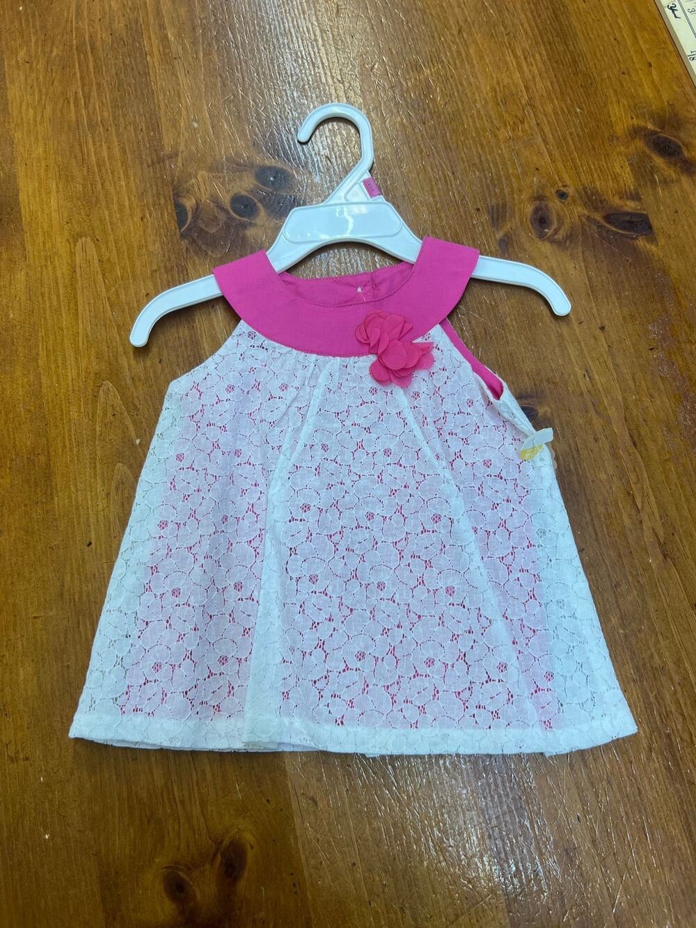 Small Wonders White Lace Dress with Pink Accents – 3–6M